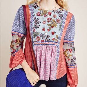 Anthropologie Multicolor Floral Embroidered Blouse